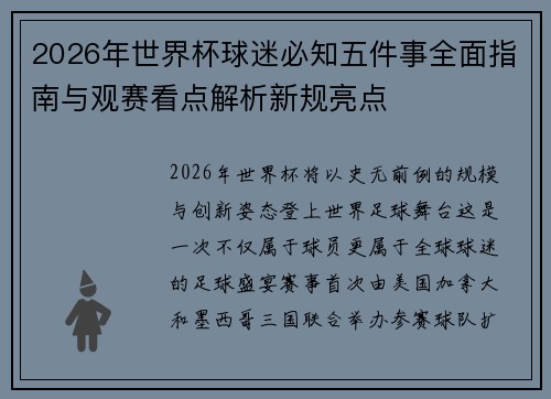 2026年世界杯球迷必知五件事全面指南与观赛看点解析新规亮点