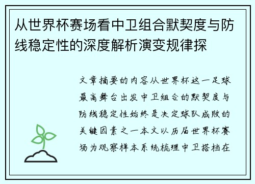 从世界杯赛场看中卫组合默契度与防线稳定性的深度解析演变规律探